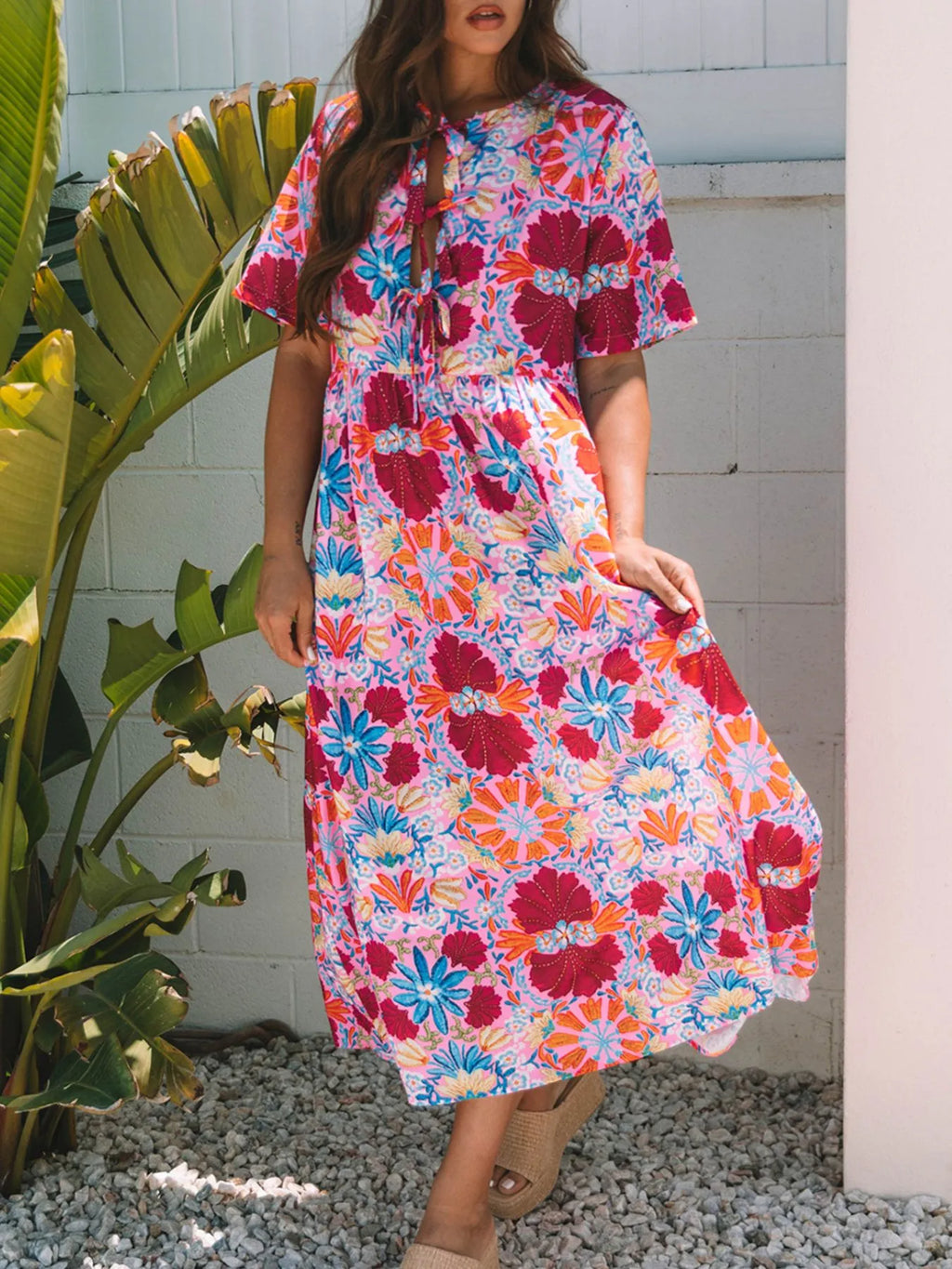 Floral Print Tie Front Midi Dress
