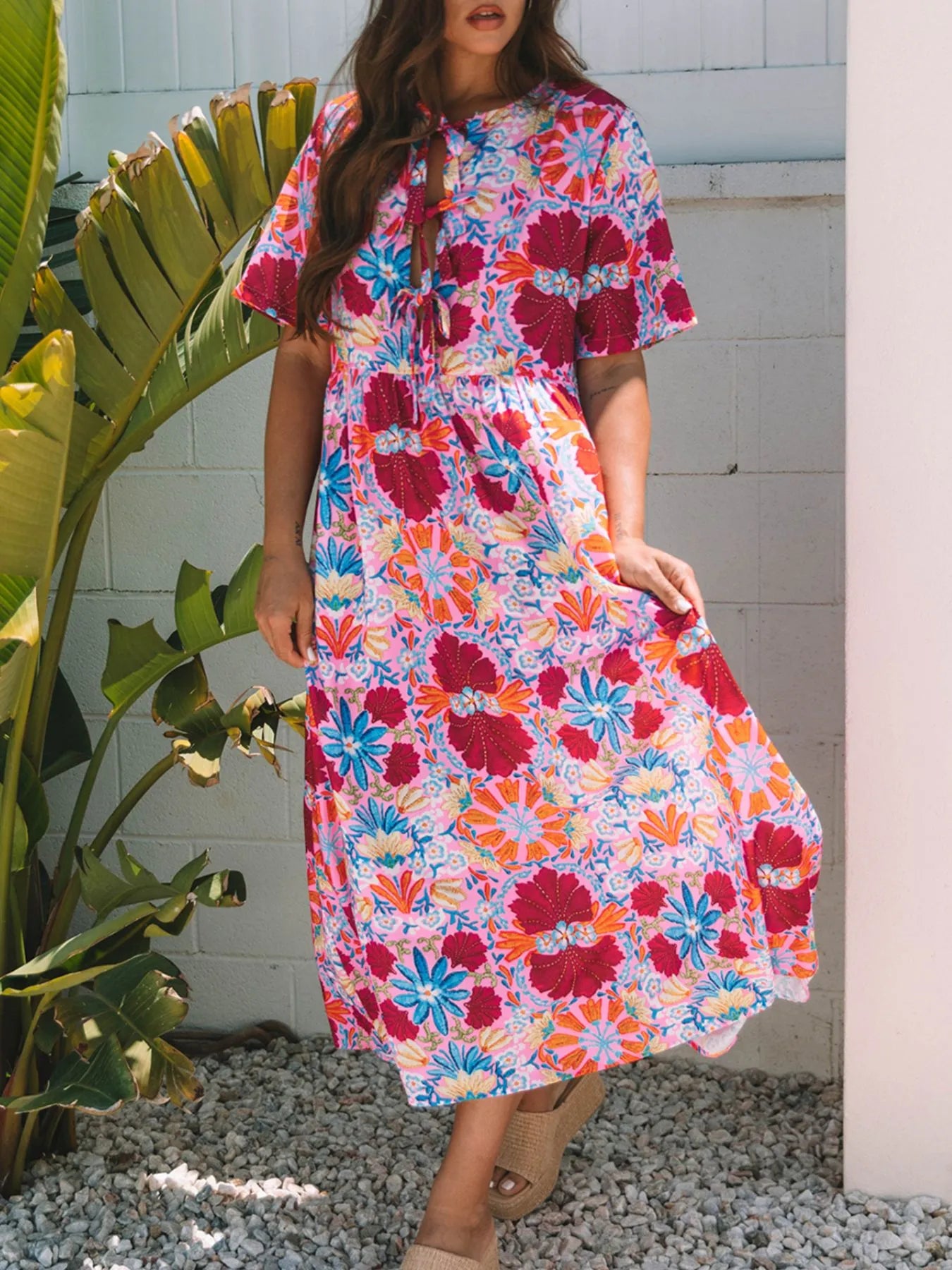 Floral Print Tie Front Midi Dress