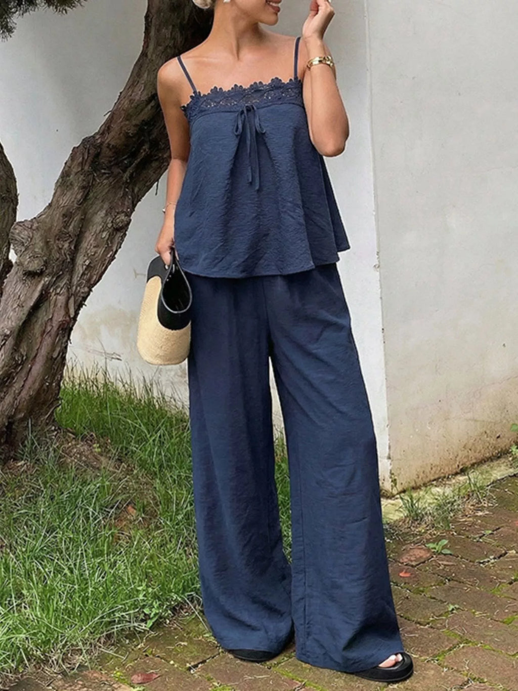 Lace Trim Cami and Wide-Leg Pants Set