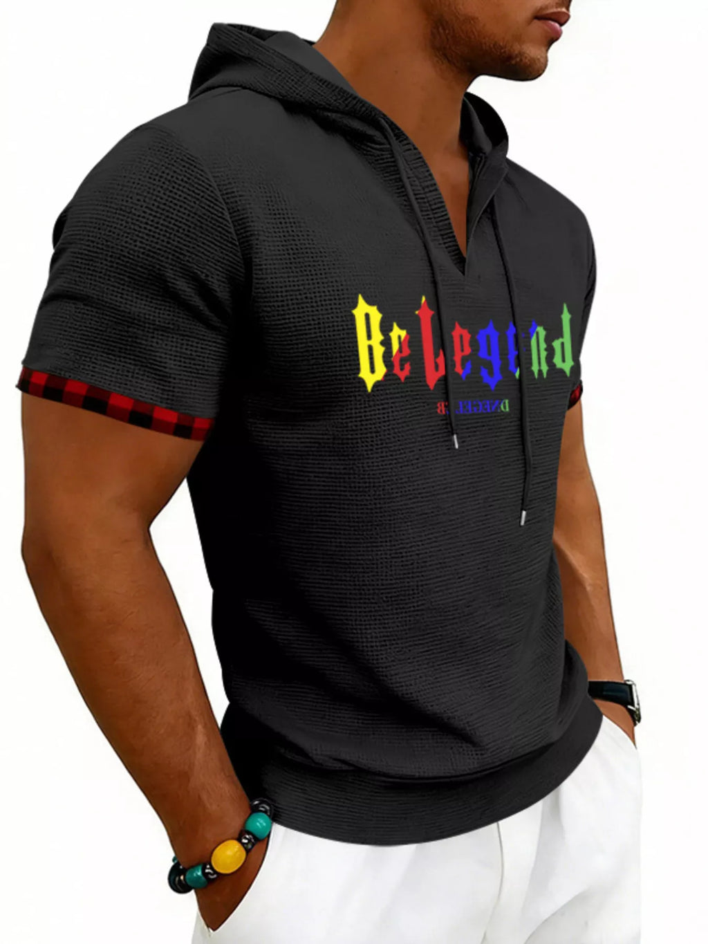 Men's Full Size Letter Graphic Short Sleeve Hooded Top Plus Size