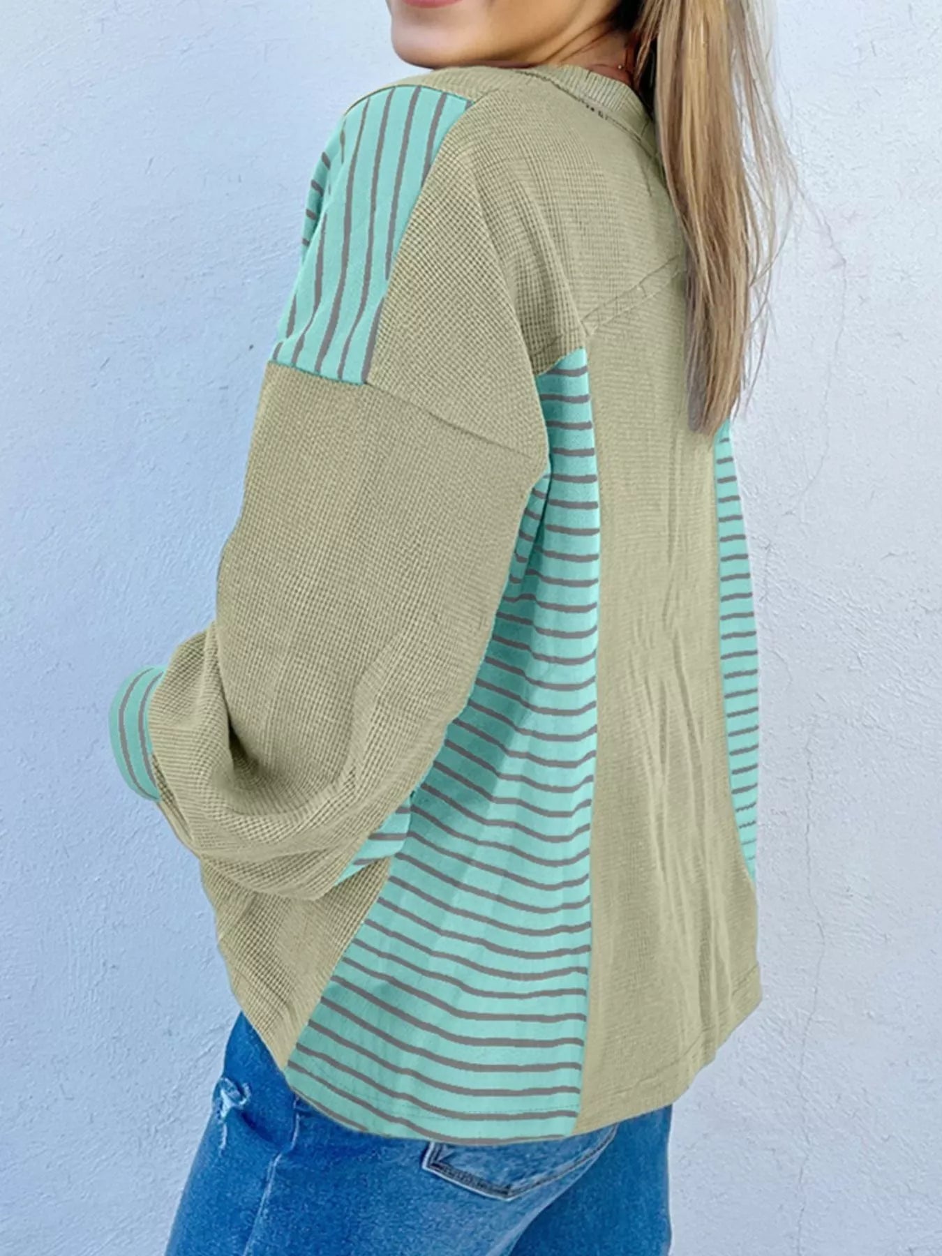 Exposed Seam Waffle Striped Patchwork Baggy Blouse