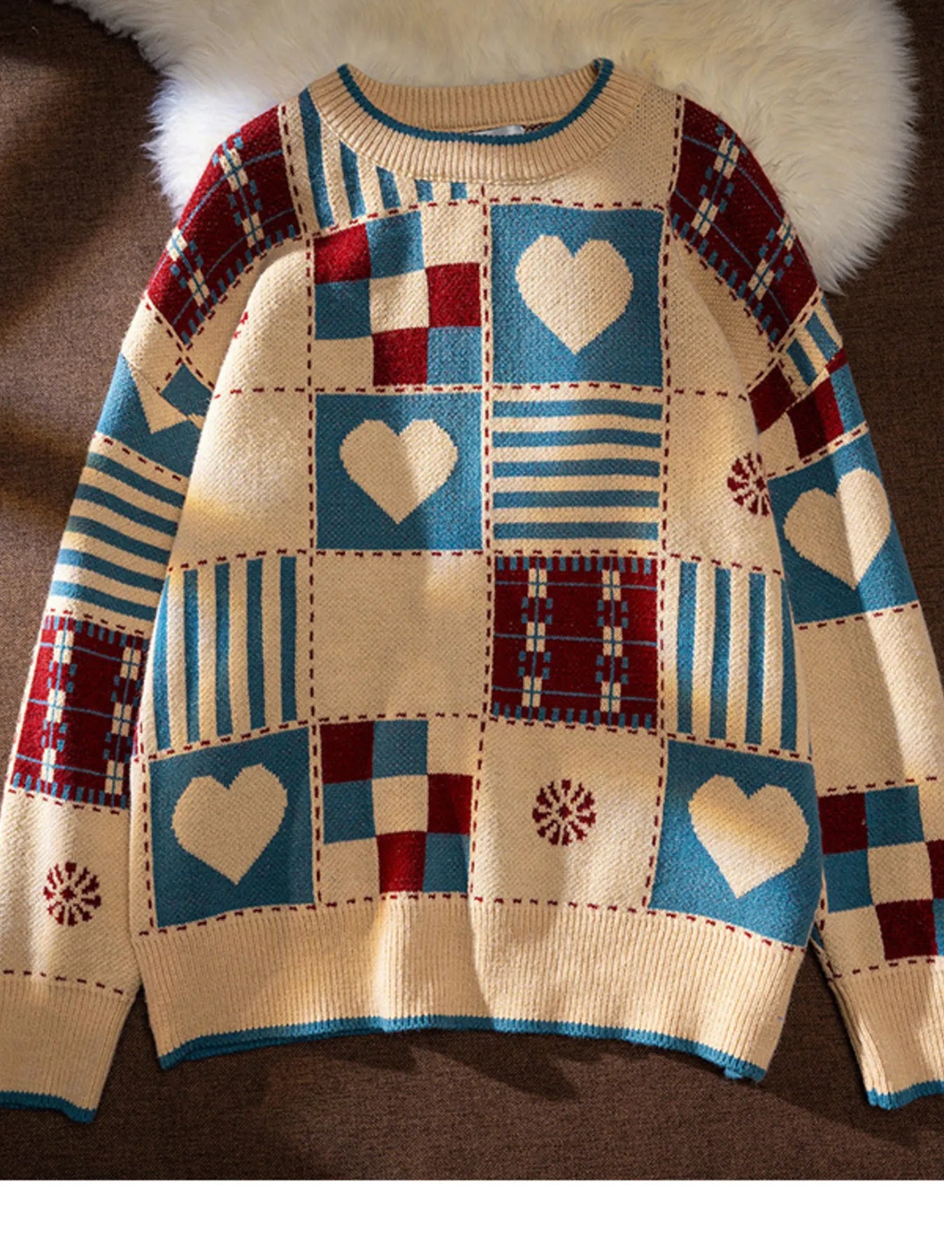 Men's Heart Pattern Checkered Sweater
