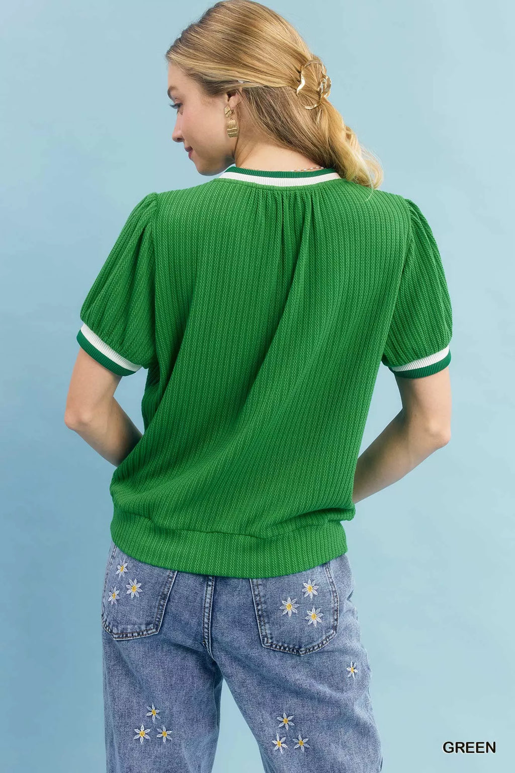 Umgee Puff Sleeve Knit Top with Contrast Rib Trim