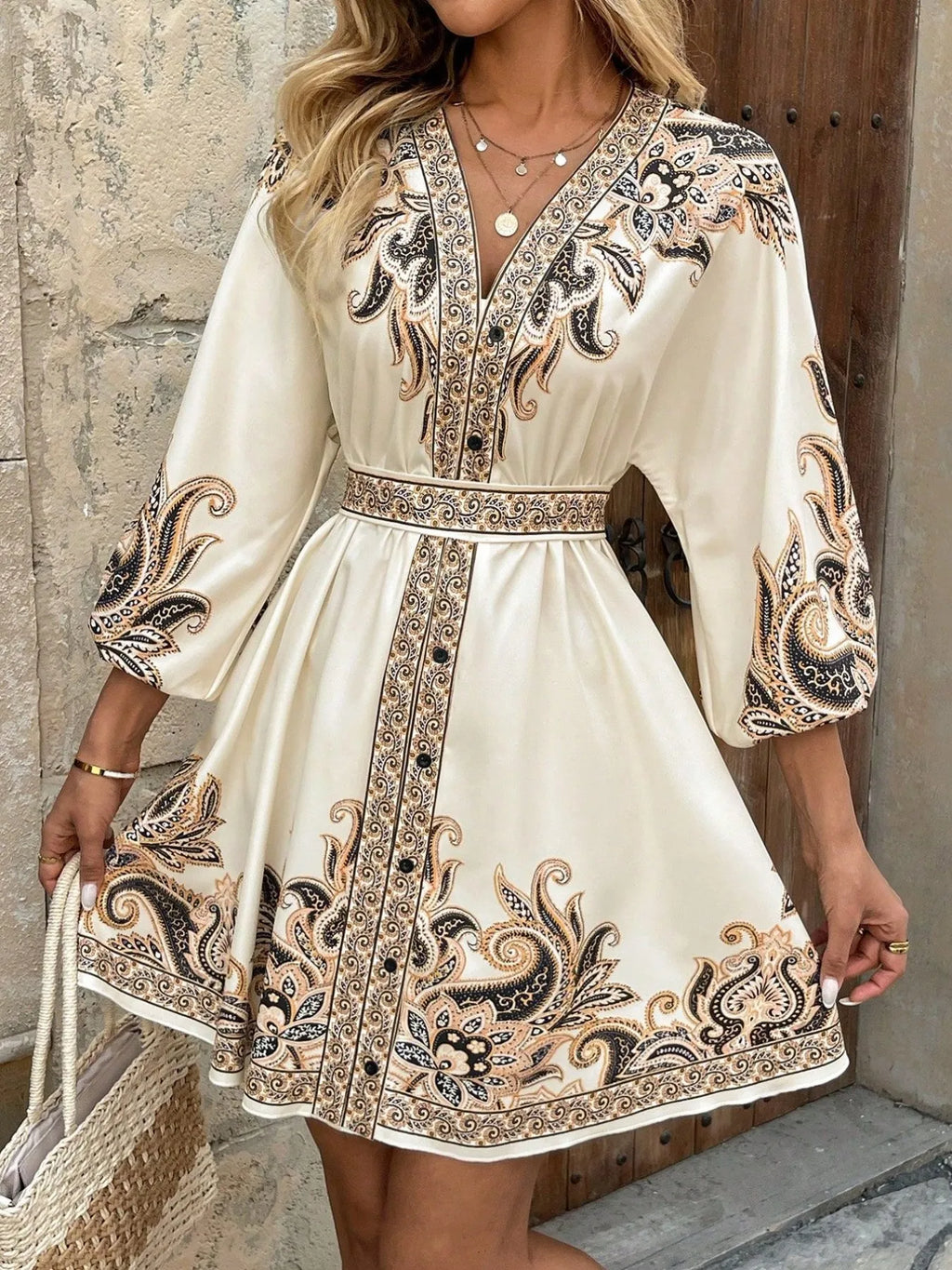 Printed V-Neck Balloon Sleeve Mini Dress