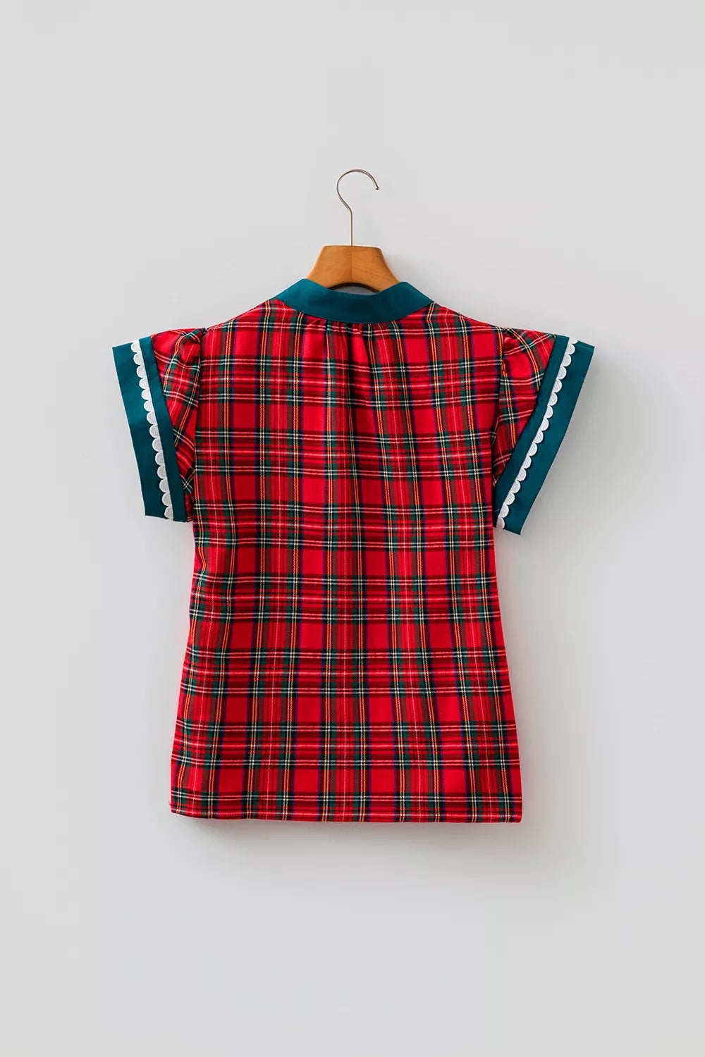Plaid V Neck Short Sleeve Shift Blouse