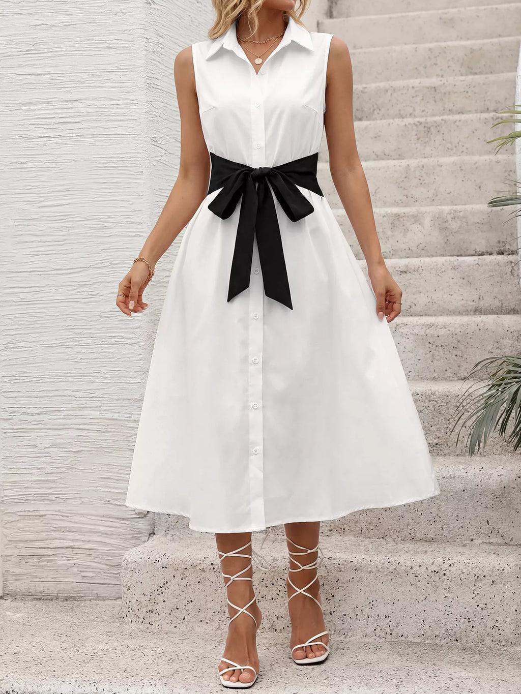 Contrast Bow Sleeveless Shirt Dress