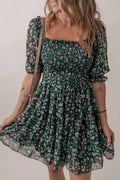 Smocked Square Neck Puff Short Sleeve Floral Dress