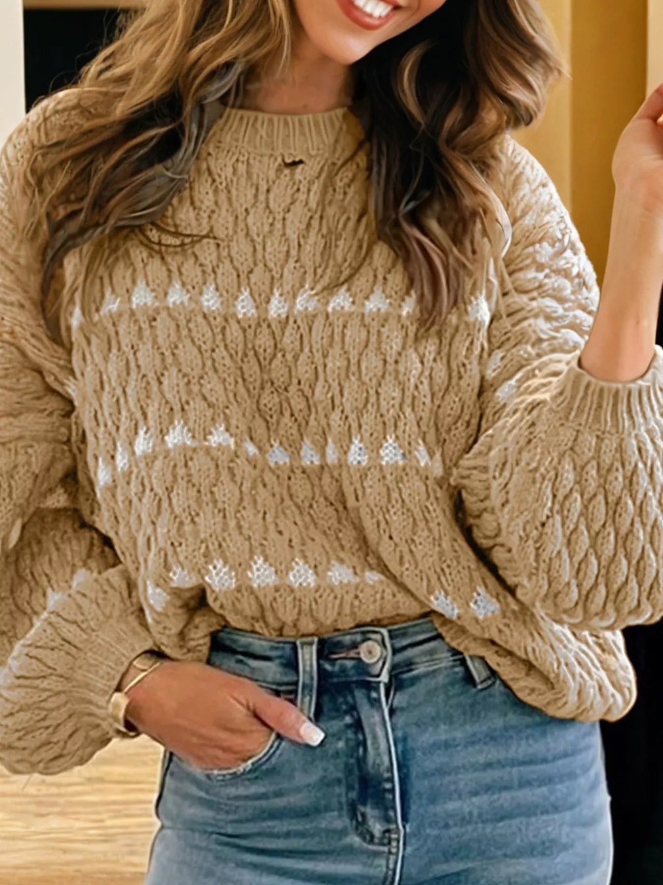 Contrast Detail Textured Knit Puff Sleeve Baggy Sweater