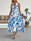 Leaf Print Halter Neck Midi Dress