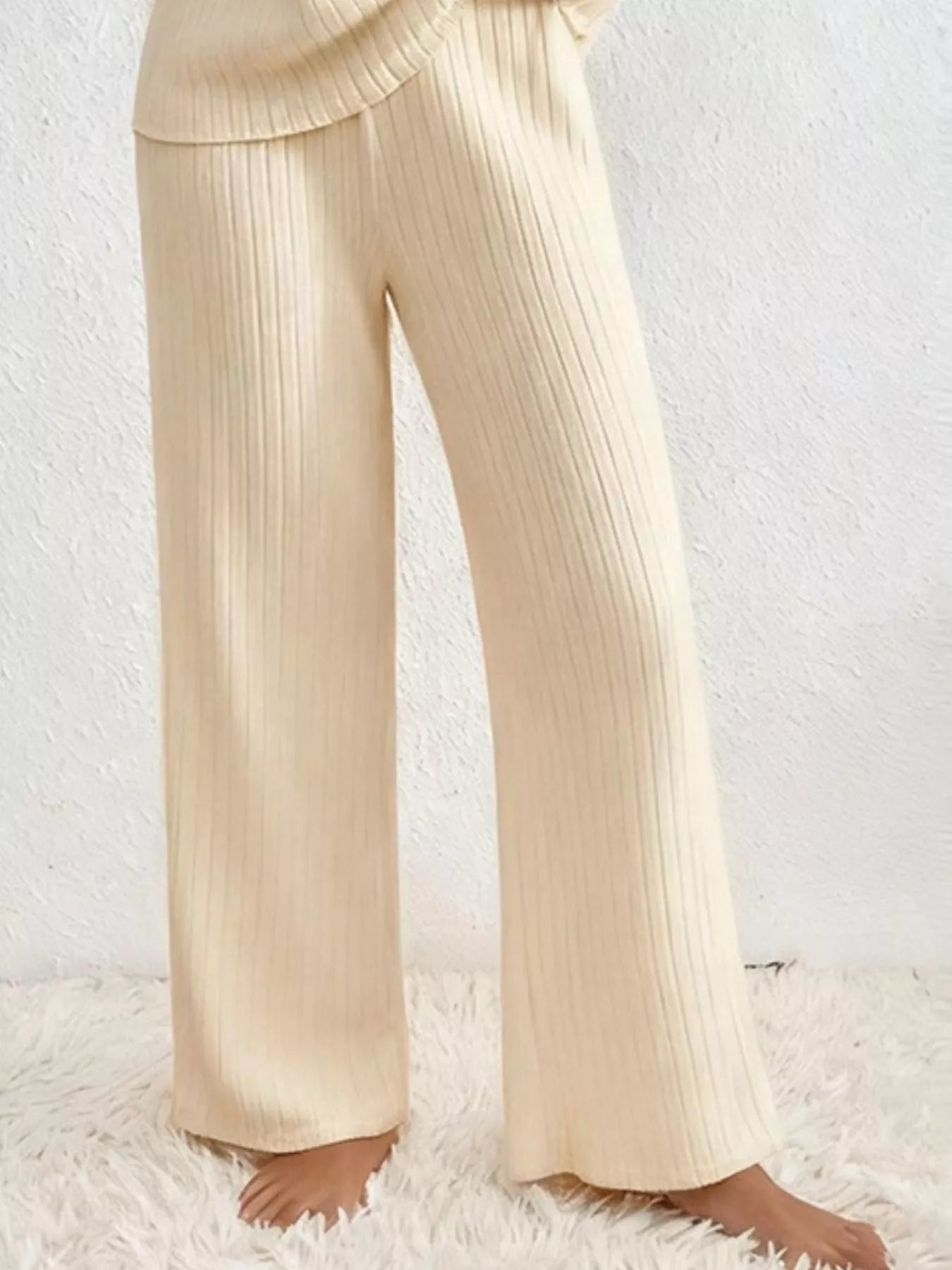 Ribbed Knit V-Neck Top and Pants Set