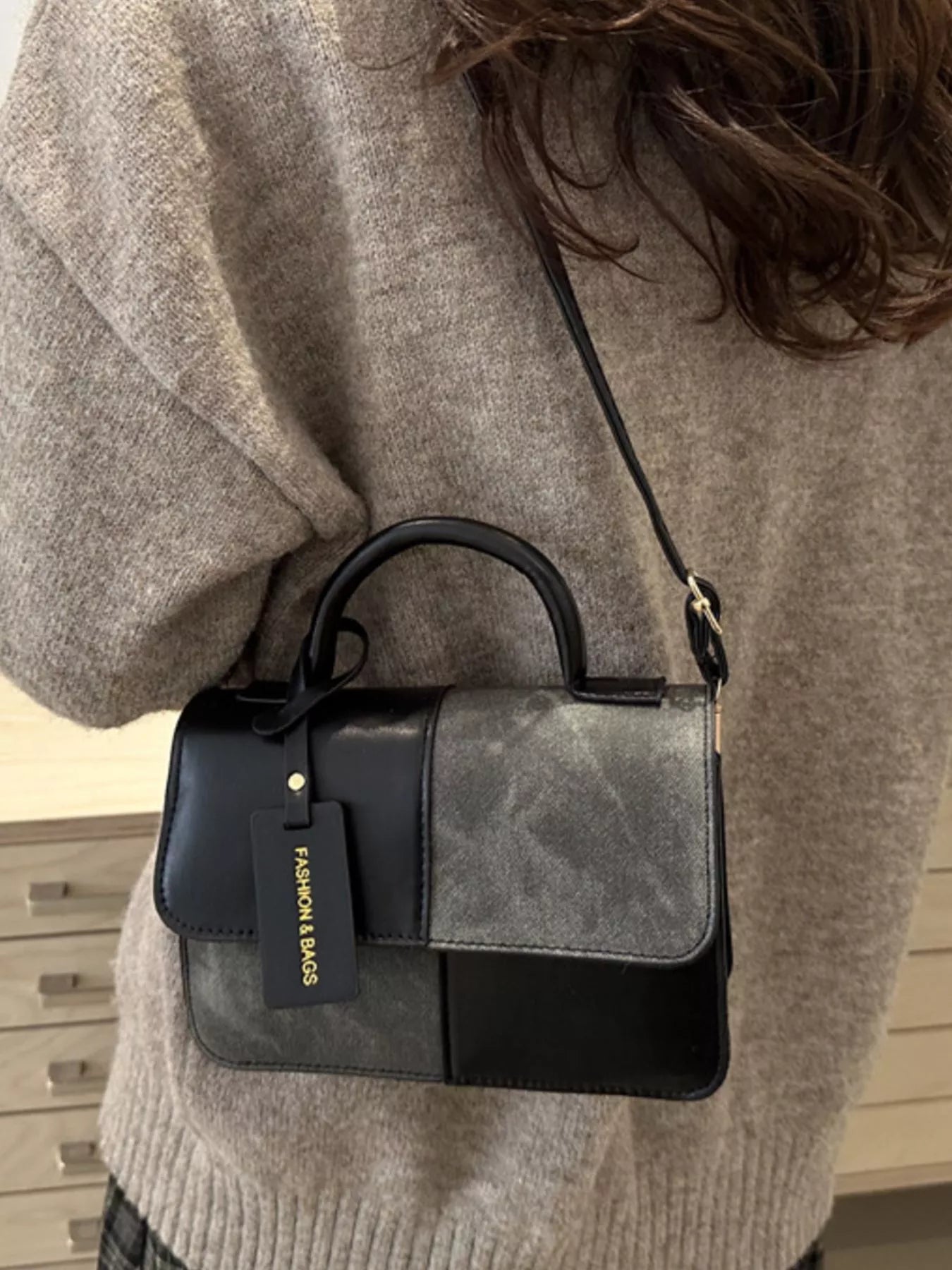 Color Block Flap Crossbody Bag with Top Handle