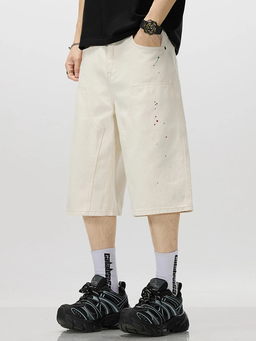 Men's Loose-Fit Splatter-Paint Denim Capris