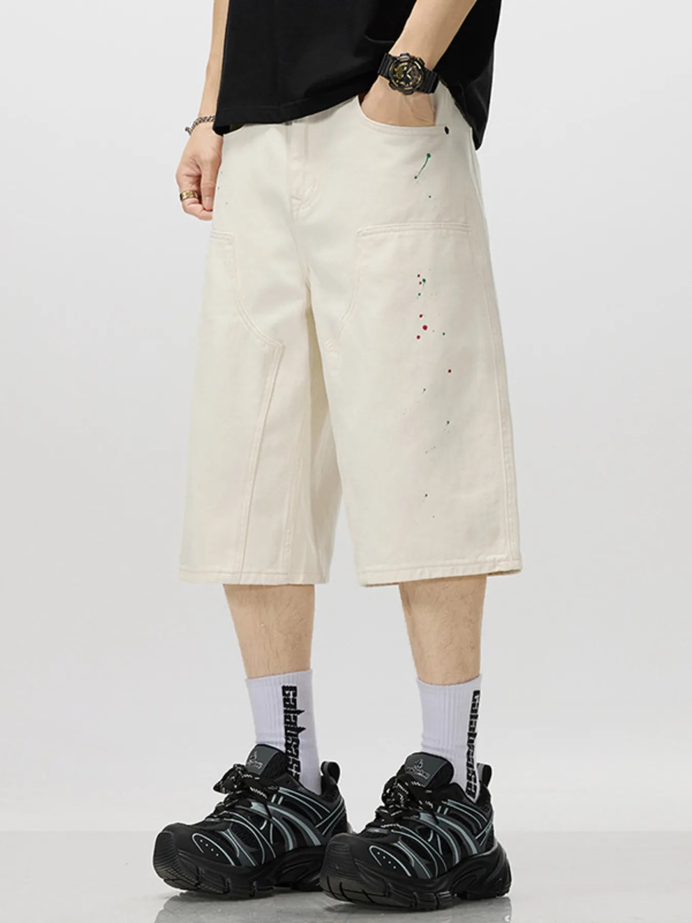 Men's Loose-Fit Splatter-Paint Denim Capris