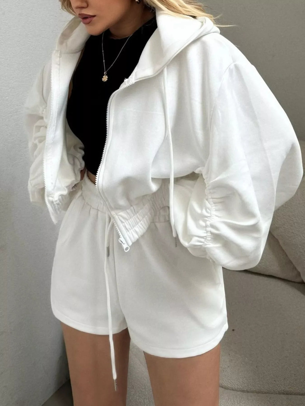 Zip Up Drawstring Outerwear and Shorts Set