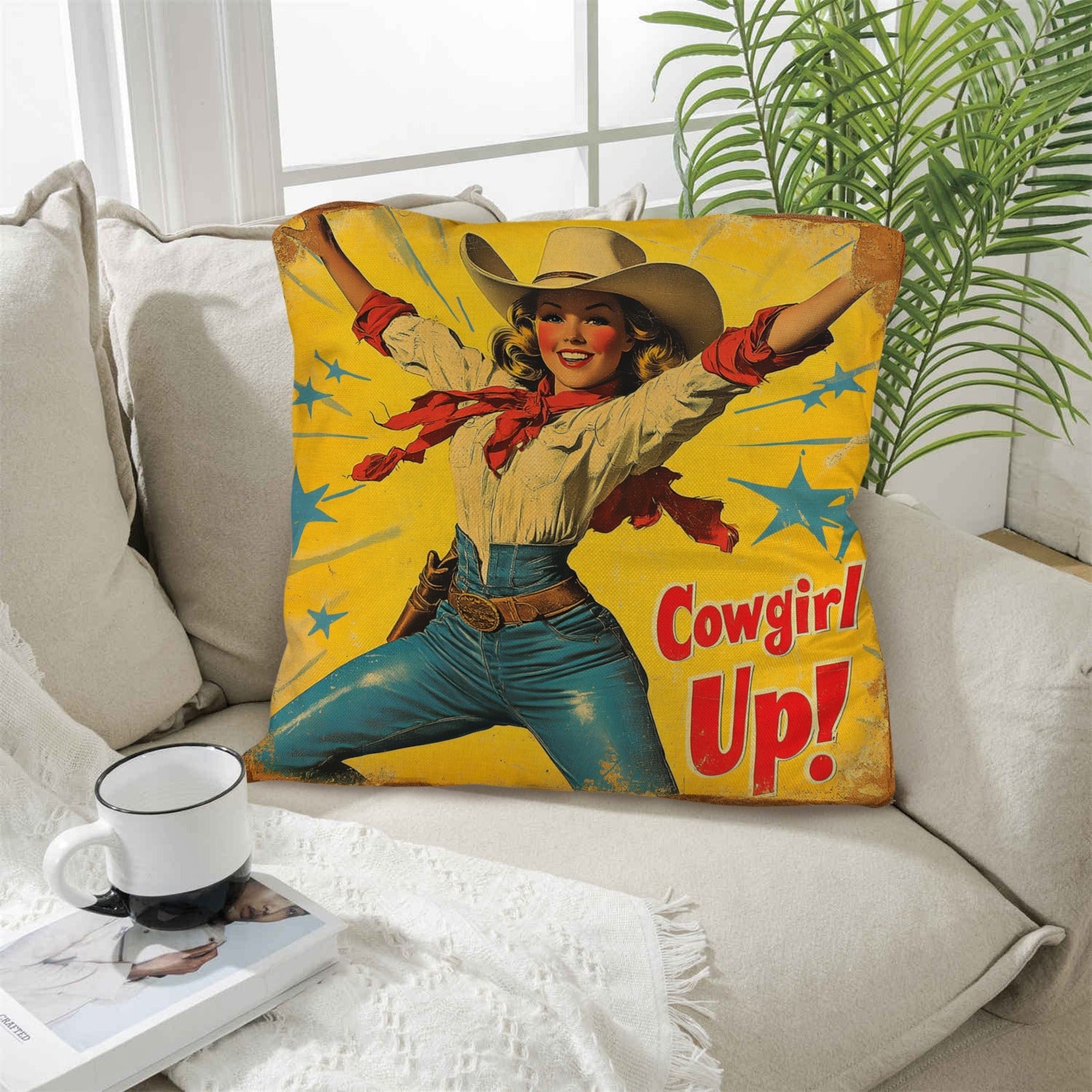Baha Ranch Vintage Cowgirl Up Throw Pillow Case 18 x 18 Made in America