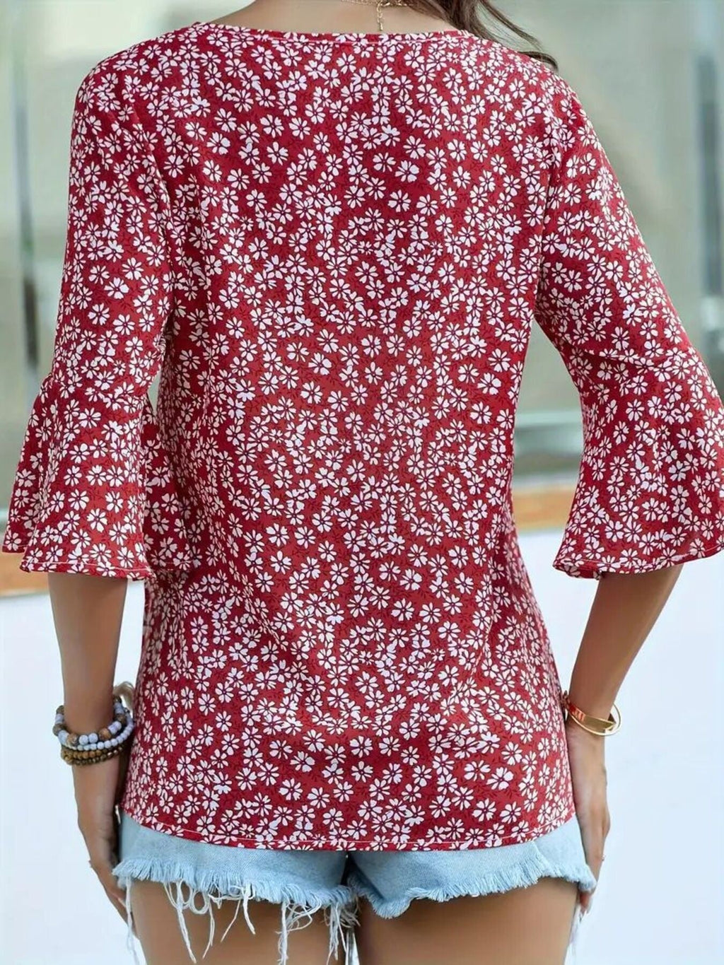 Floral Print V-Neck Bell Sleeve Blouse