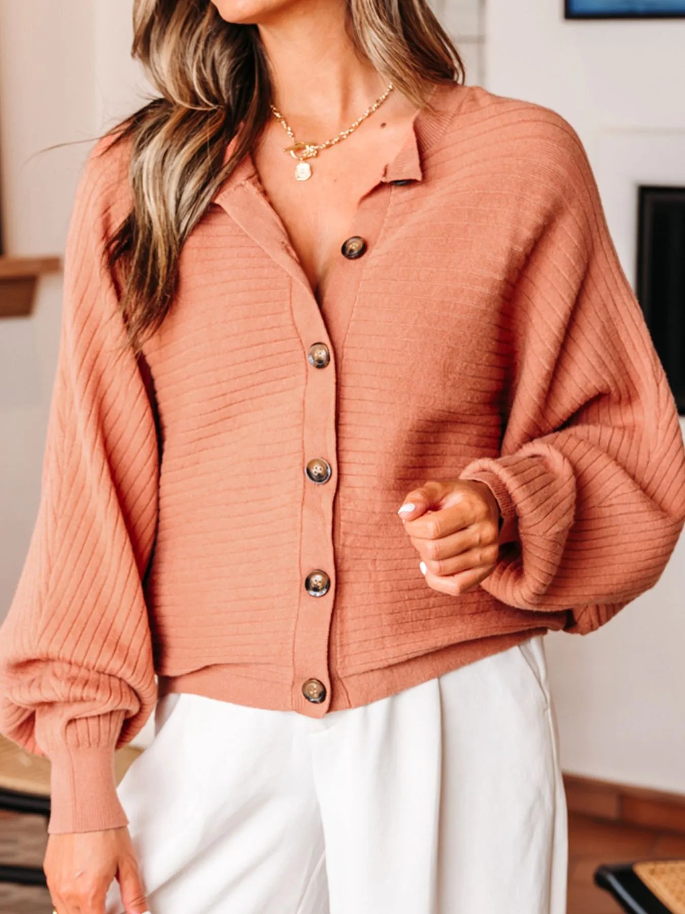 Rib Knit Button Front Dolman Sleeve Sweater Cardigan