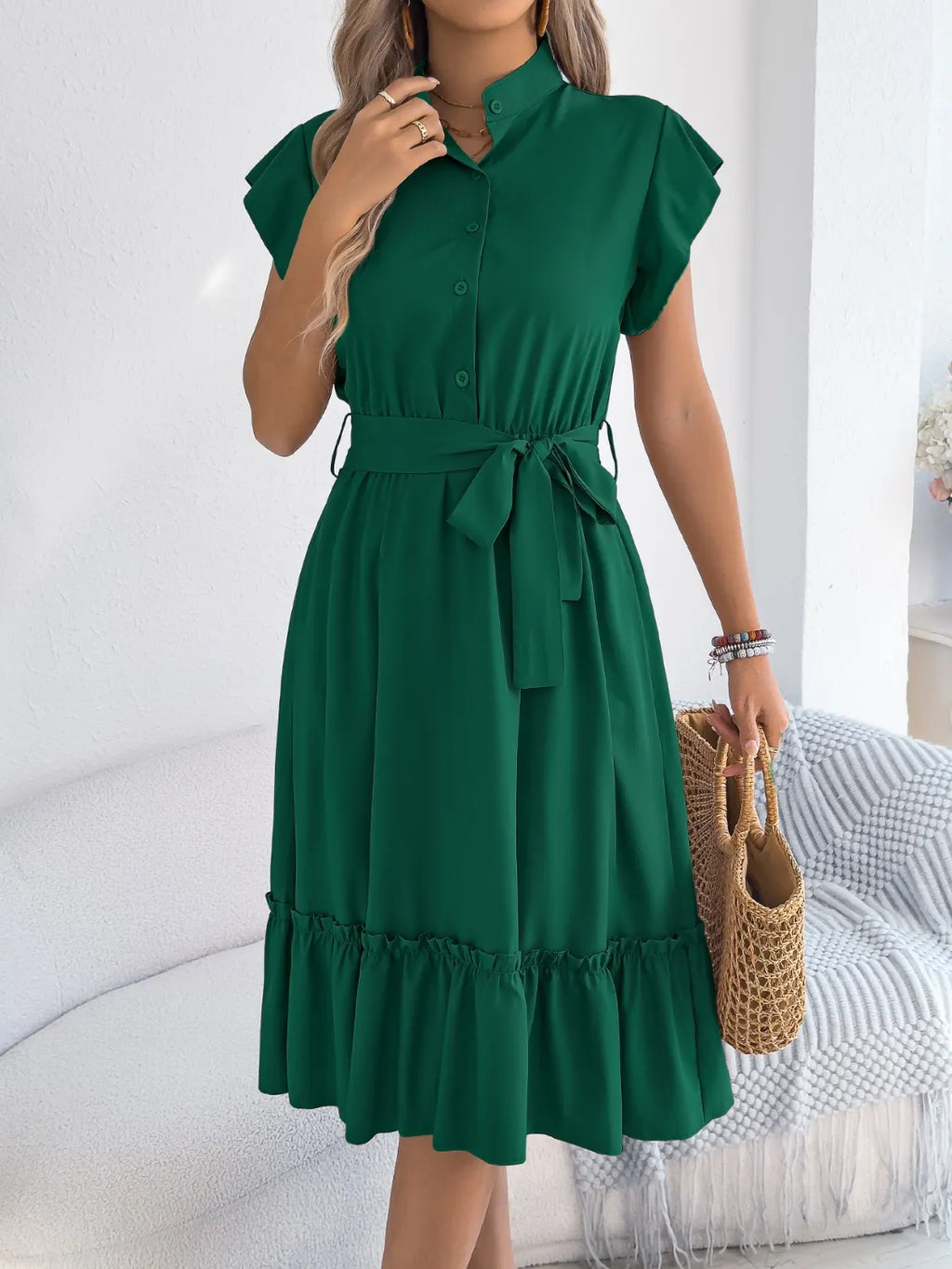 Tie Waist Ruffled Cap Sleeve Dress