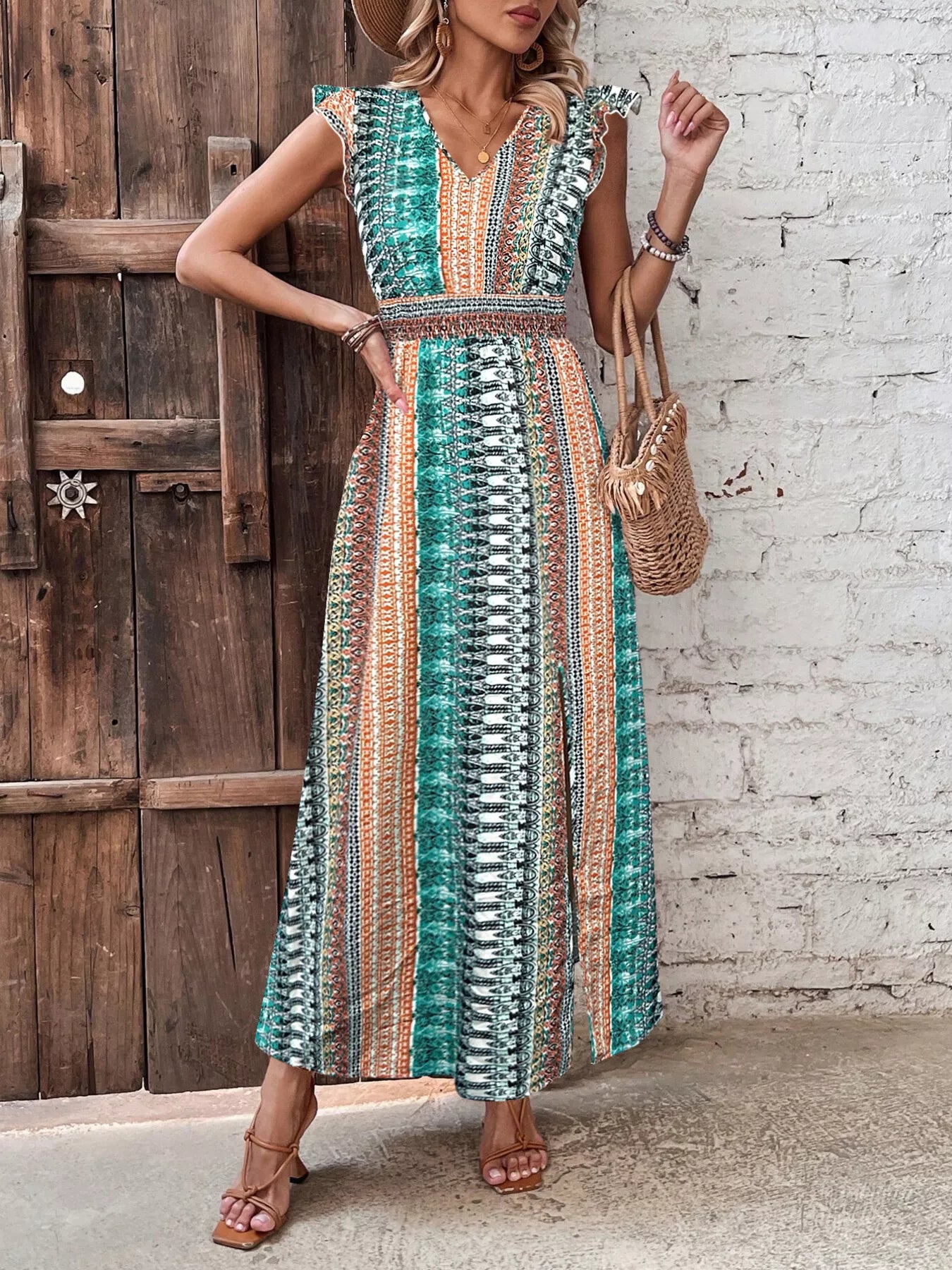 Boho Print Ruffle Sleeve Slit Dress