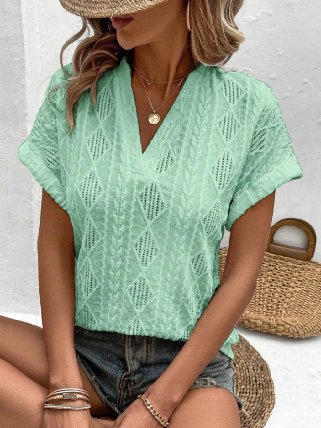 Openwork Notched Short Sleeve Blouse