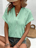 Openwork Notched Short Sleeve Blouse