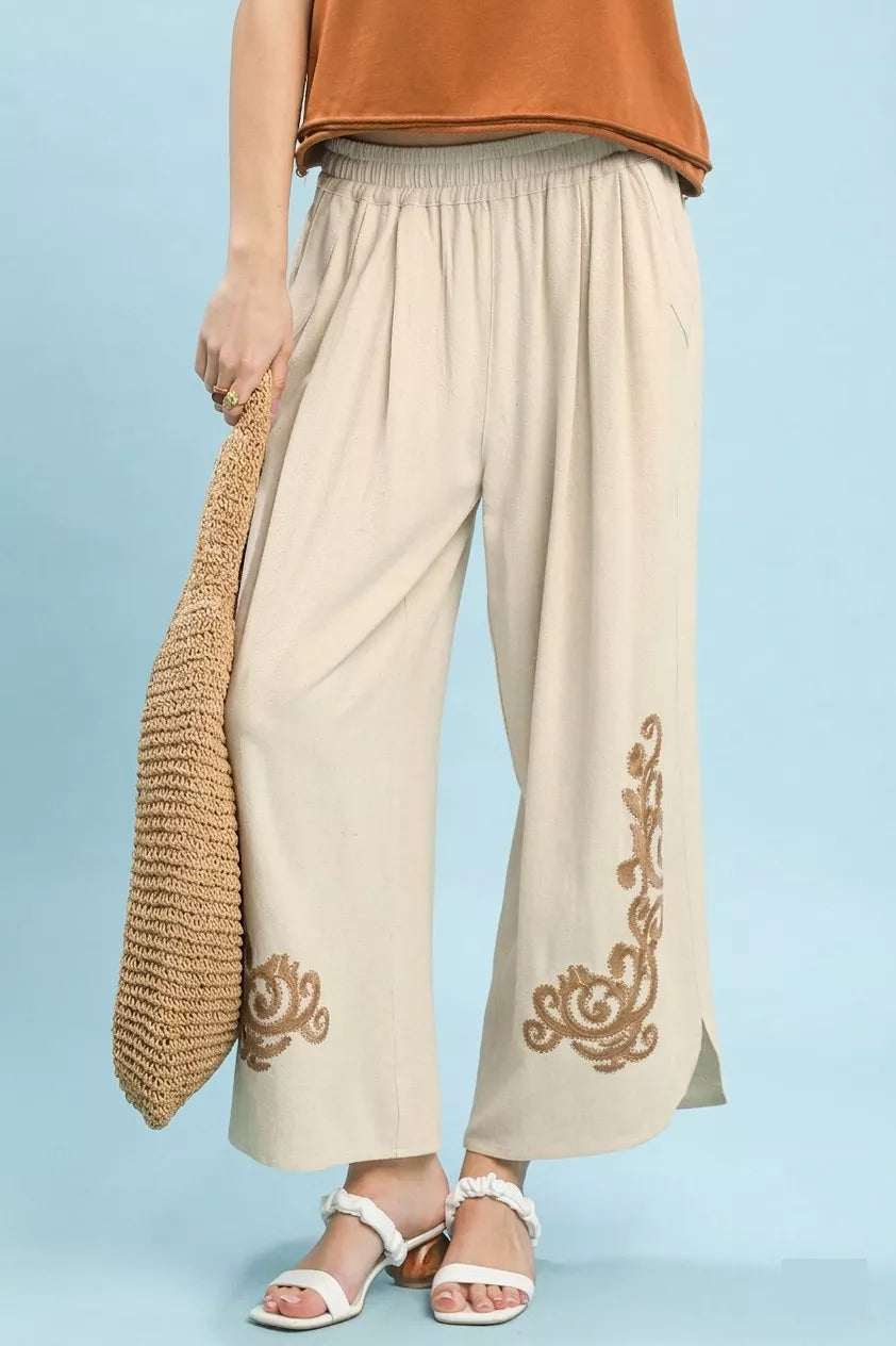 Umgee Linen Embroidered Wide-Leg Boho Pants