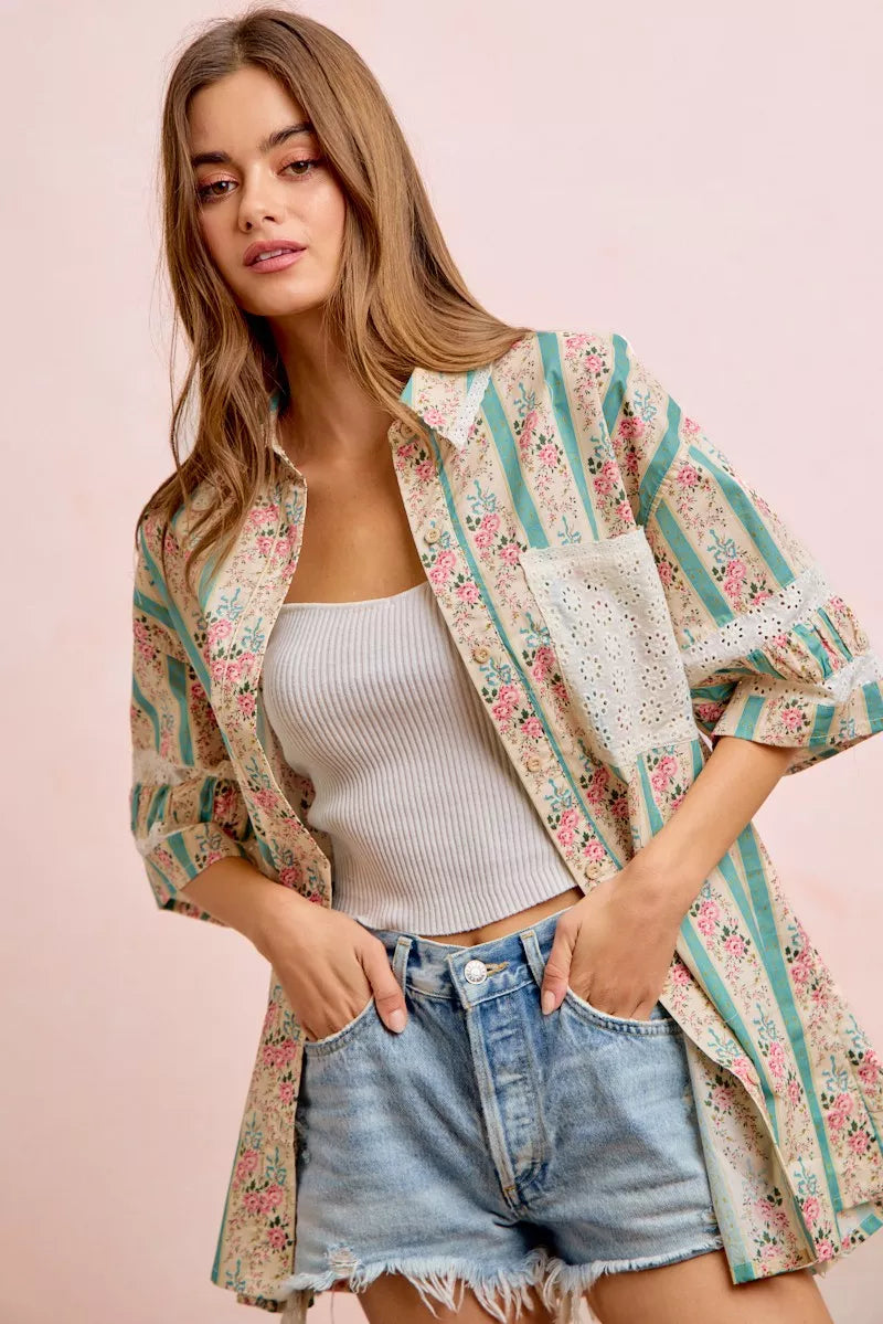 BiBi Eyelet Lace And Floral Mix And Match Shirt Top