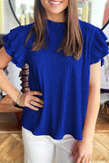 Solid Color Textured Ruffle Trim Short Sleeve Blouse