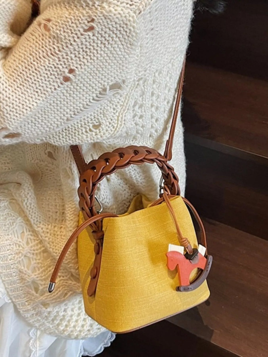 Braided Top Handle Bucket Crossbody Bag