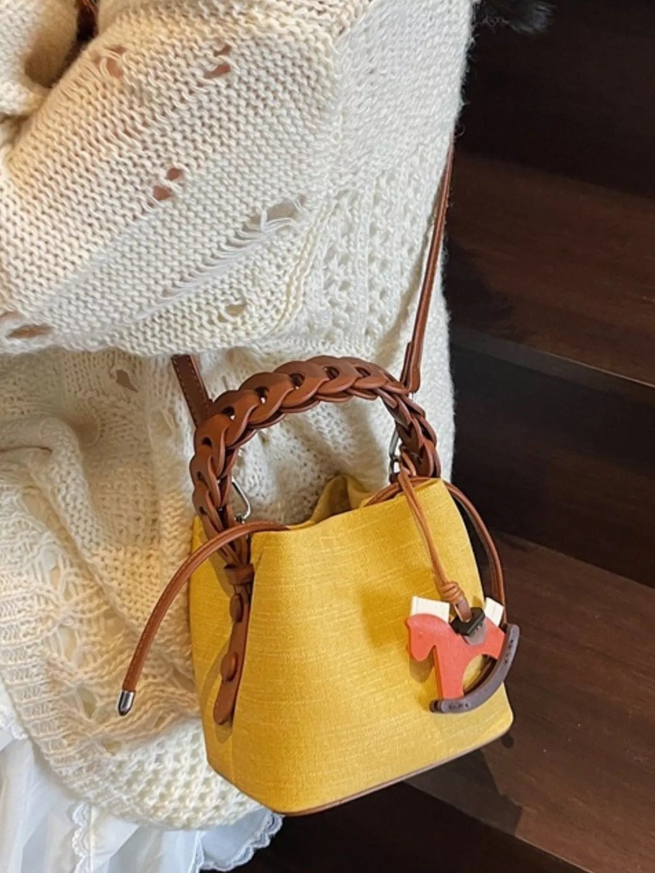 Braided Top Handle Bucket Crossbody Bag