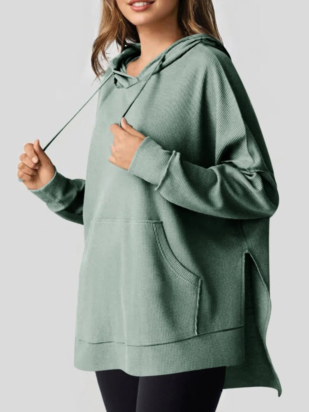 Slit Drawstring Waffle Knit Hoodie