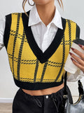 Plaid V-Neck Cropped Sweater Vest