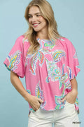 Umgee Paisley Print Puff Sleeve Top