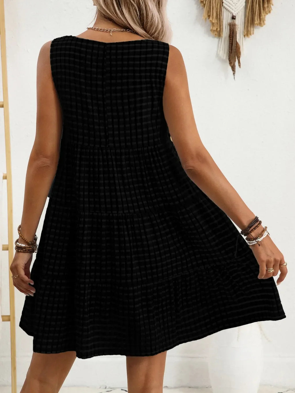 Plaid Round Neck Sleeveless Mini Dress
