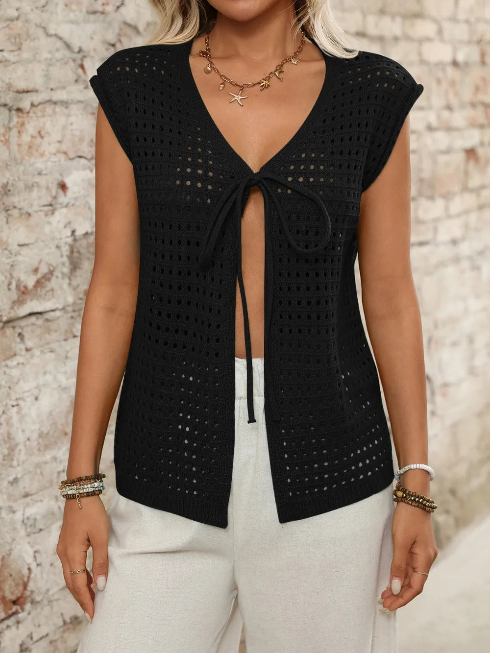Tied Front Openwork V-Neck Knit Top