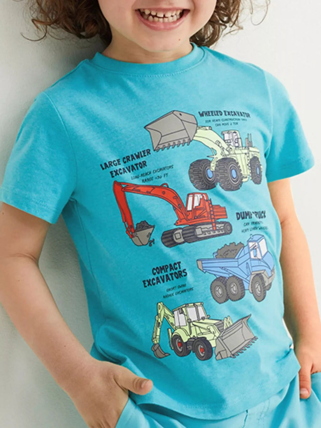 Children's Excavator Print Round Neck T-Shirt