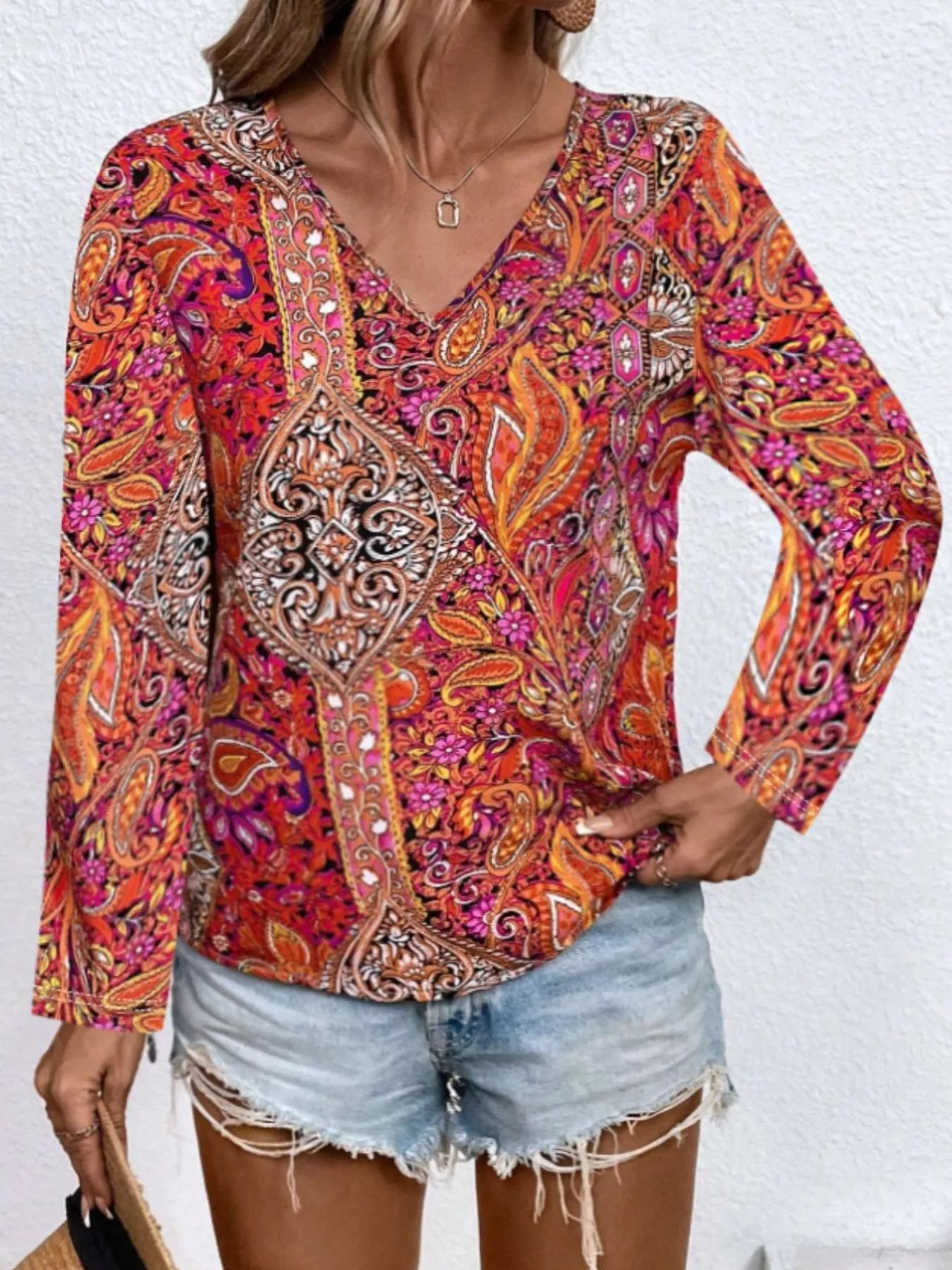 Printed V-Neck Long Sleeve Blouse