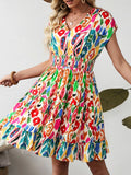 Abstract Print V Neck Dolman Sleeve Ruffle Tiered Mini Dress