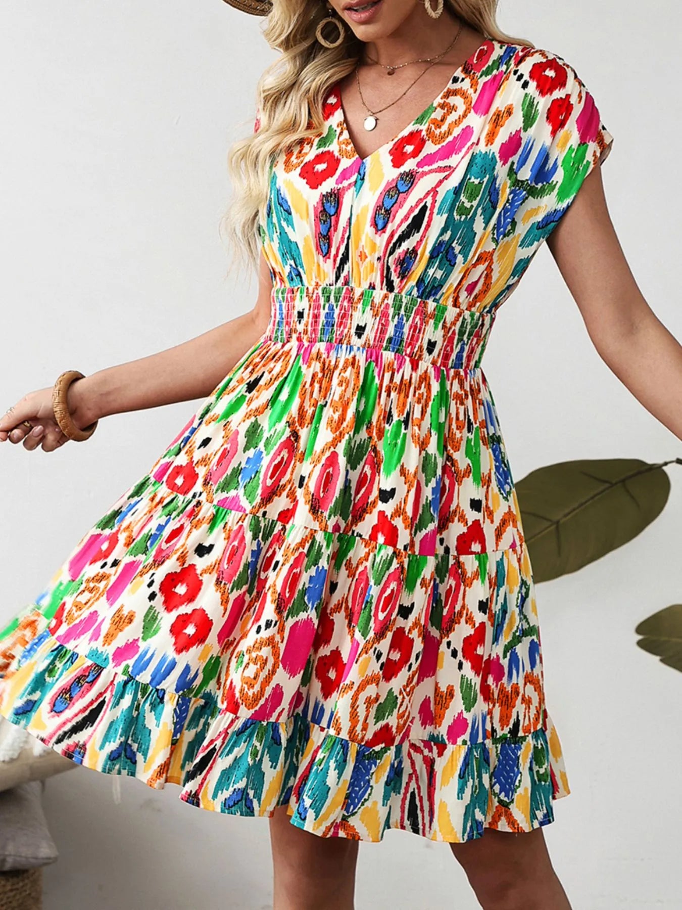 Abstract Print V Neck Dolman Sleeve Ruffle Tiered Mini Dress