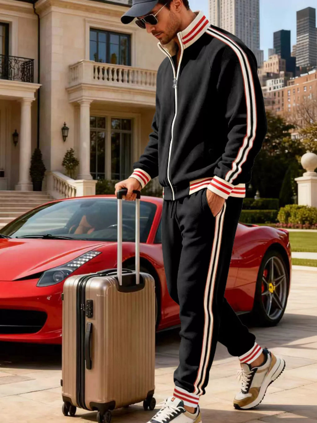Men's Full Size Striped Zip Up Outerwear and Pants Plus Size