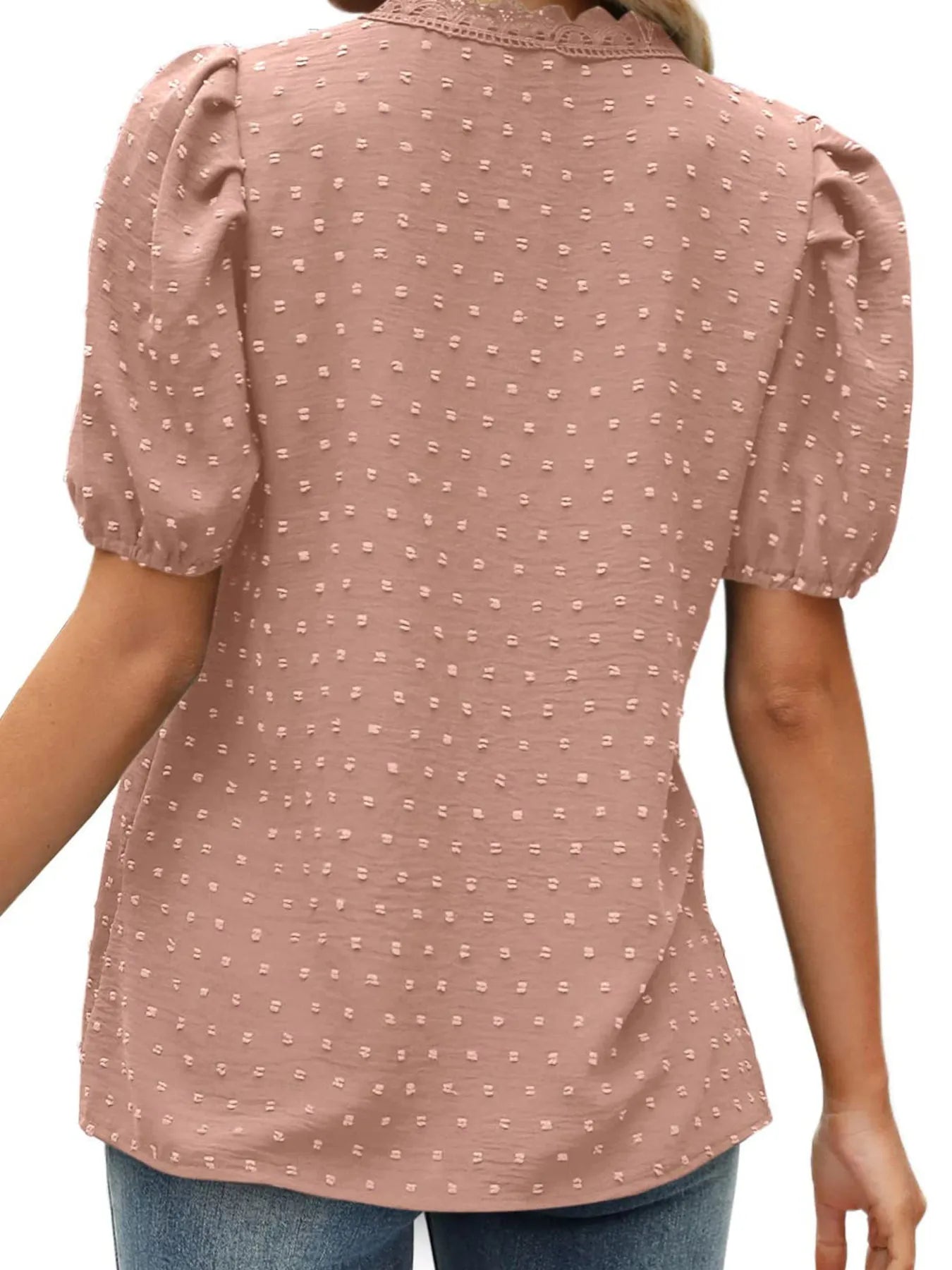 Puff Sleeve Swiss Dot Lace Trim Blouse