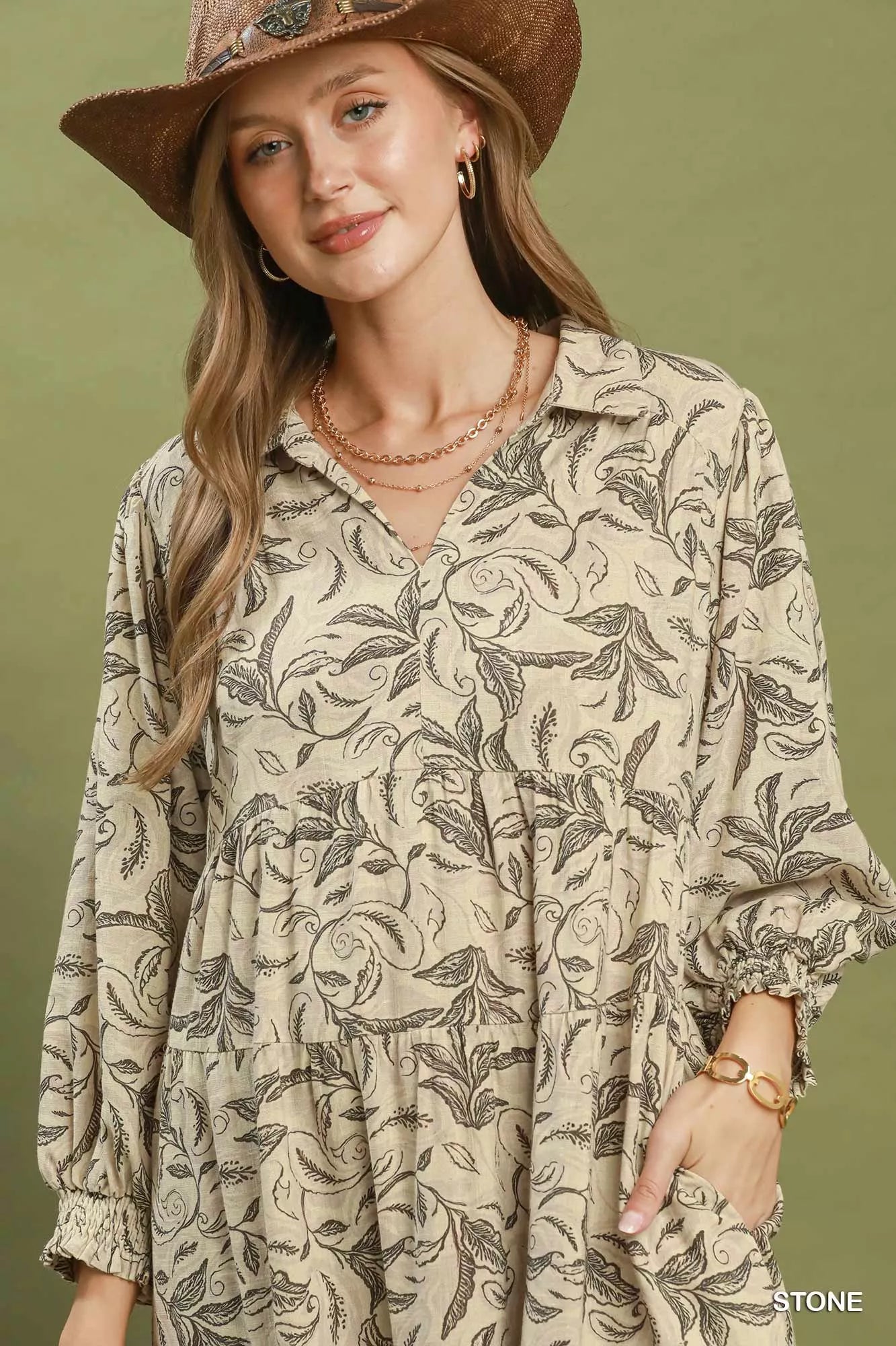 Umgee Linen Botanical Print Tiered Midi Dress
