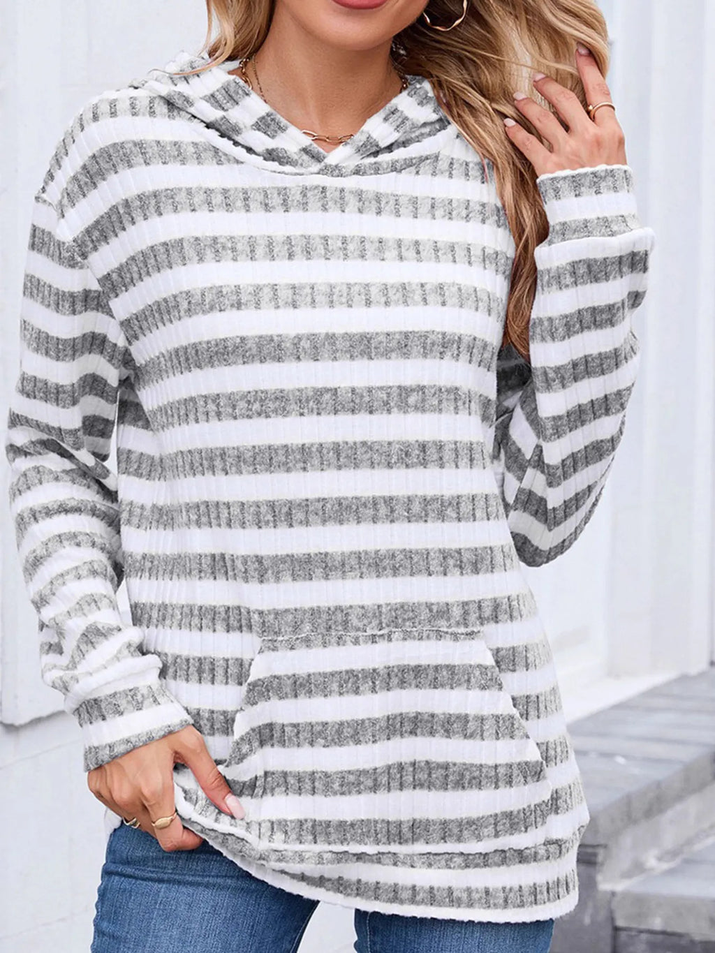 Striped Ribbed Knit Hoodie with Kangaroo Pocket