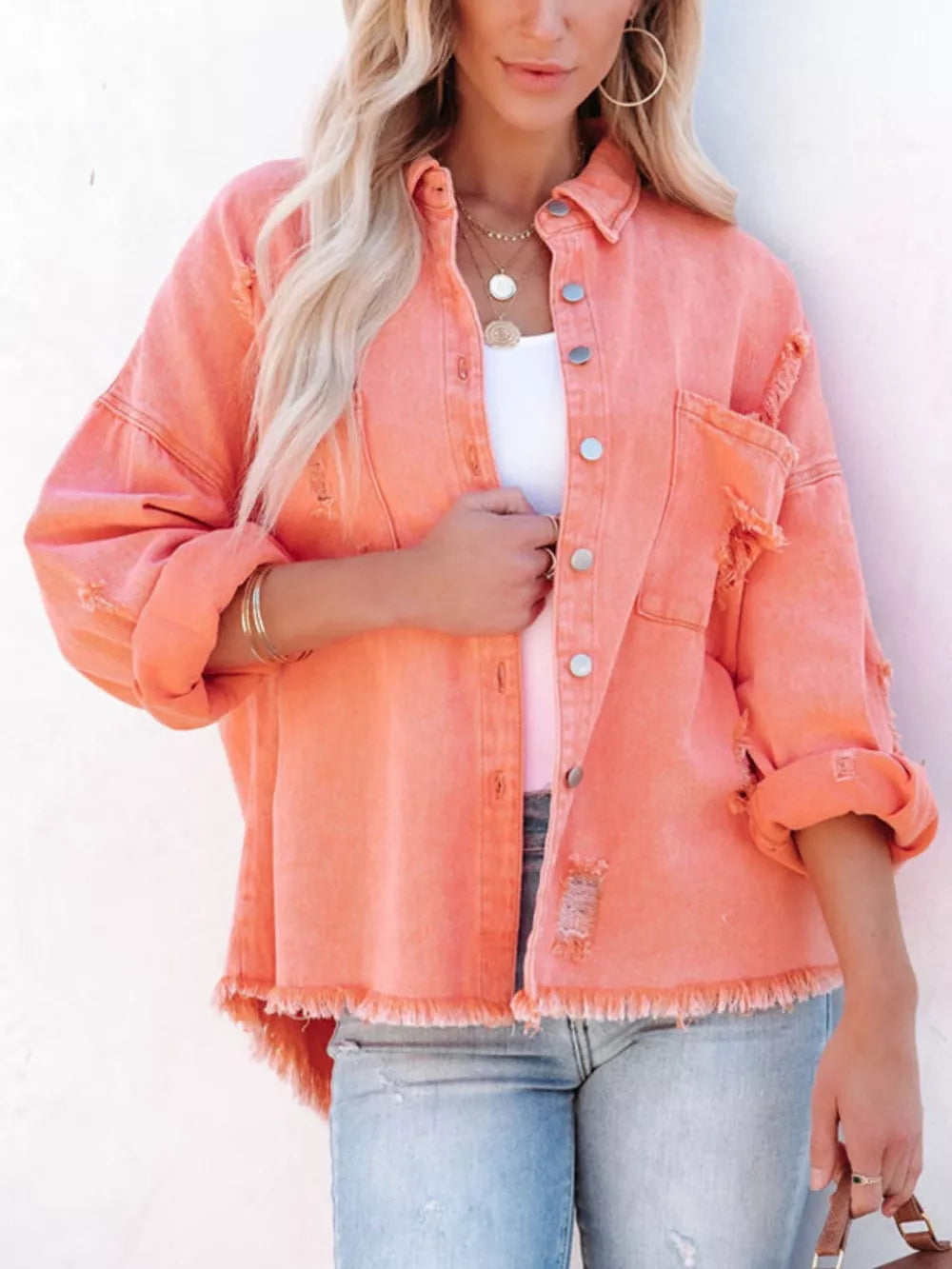 Raw Hem Button Up Denim Shacket