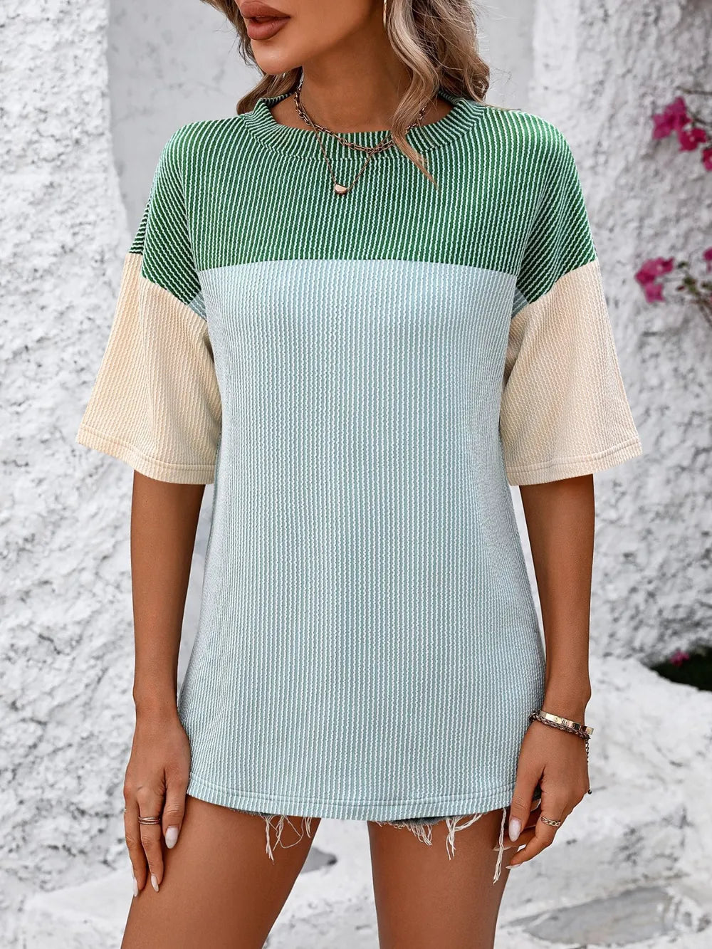 Mandy Color Block Round Neck Half Sleeve T-Shirt