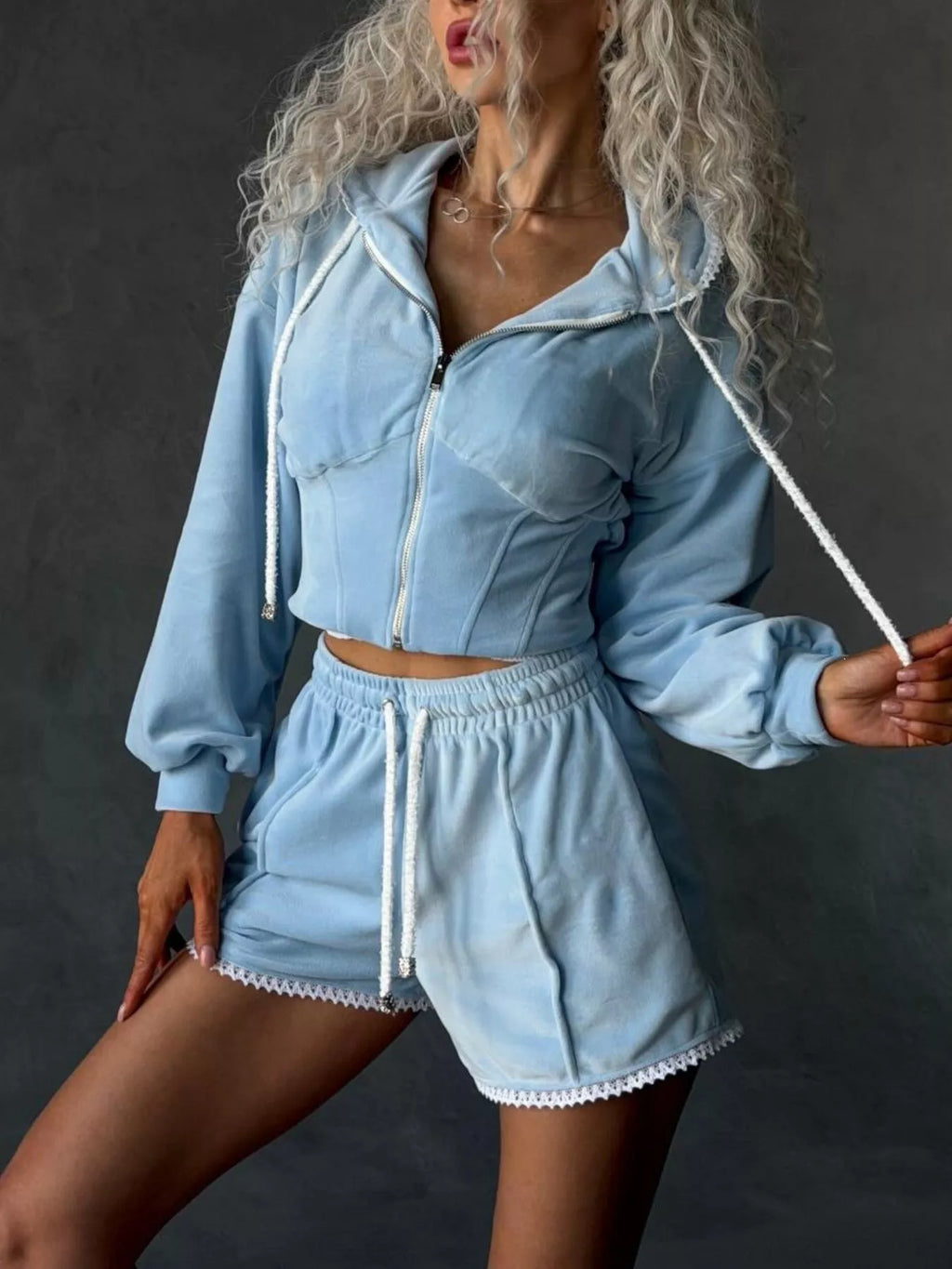 Zip Up Hooded Outerwear and Shorts Set