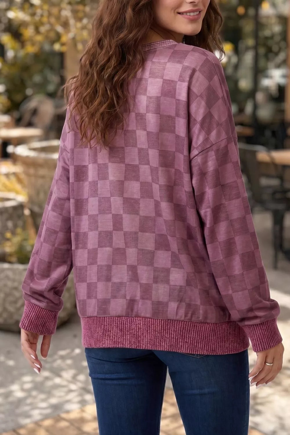 Ribbed Trim Checkered Print Long Sleeve Pullover Top