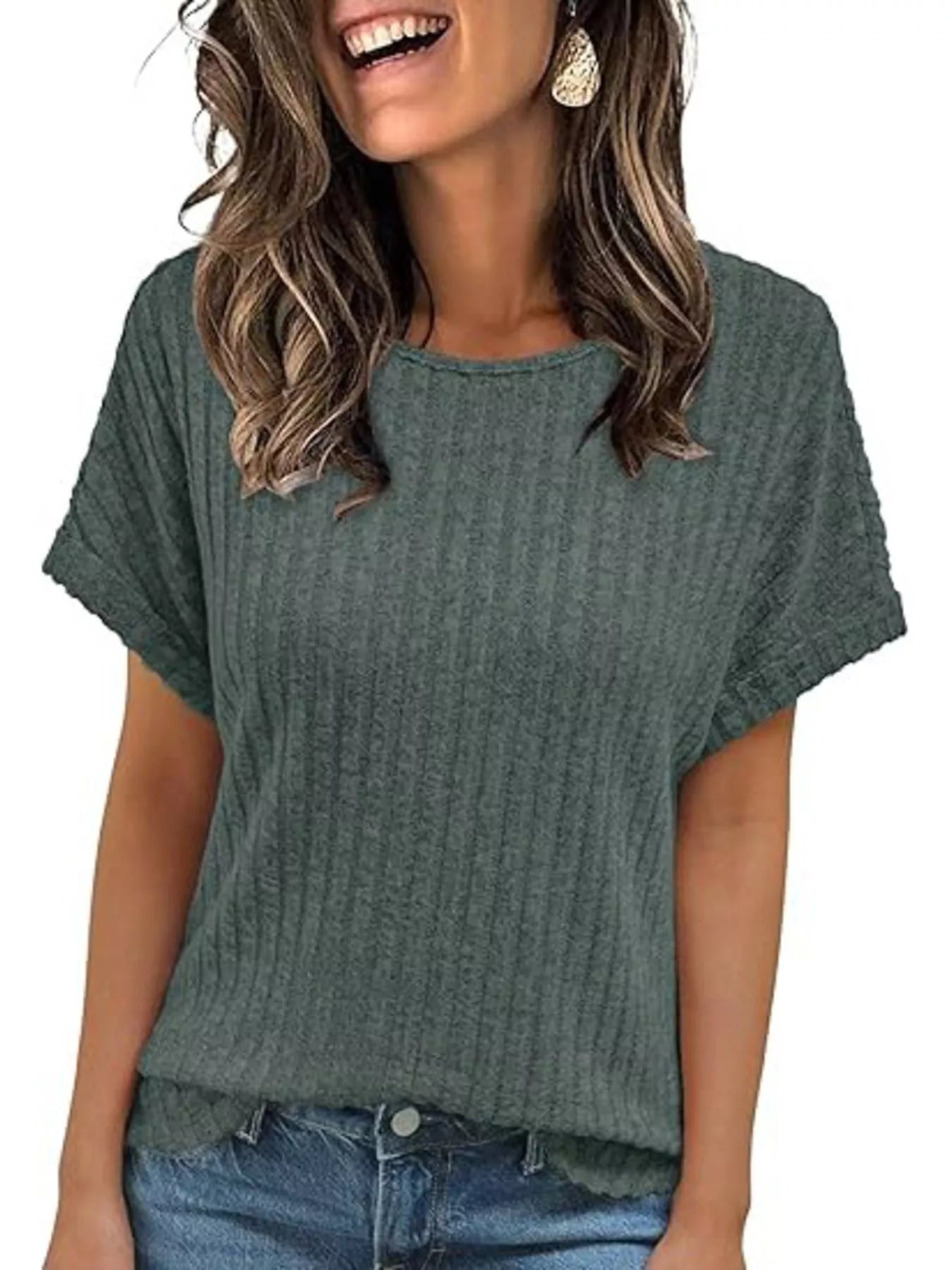 Casual Ribbed Knit Short Sleeve T-Shirt