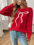 Bow Graphic Ribbed Hem Round Neck Sweater