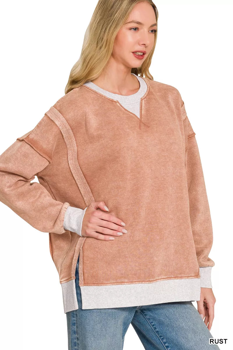 Zenana Fleece Acid Washed Contrast Trim Sweatshirt